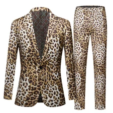 Men's Printed Leopard Suit Korean Slim Coat+pants Casual Floral Jacket Nightclub