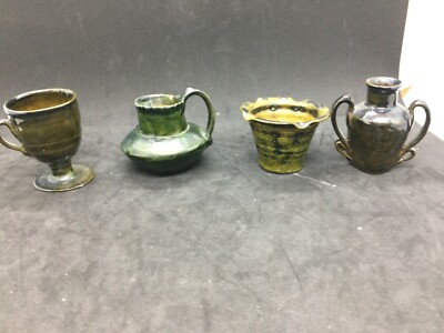 4 Primitive Pottery Miniatures Dark Green Glaze Cup-Amphora-Jug-Flower Pot
