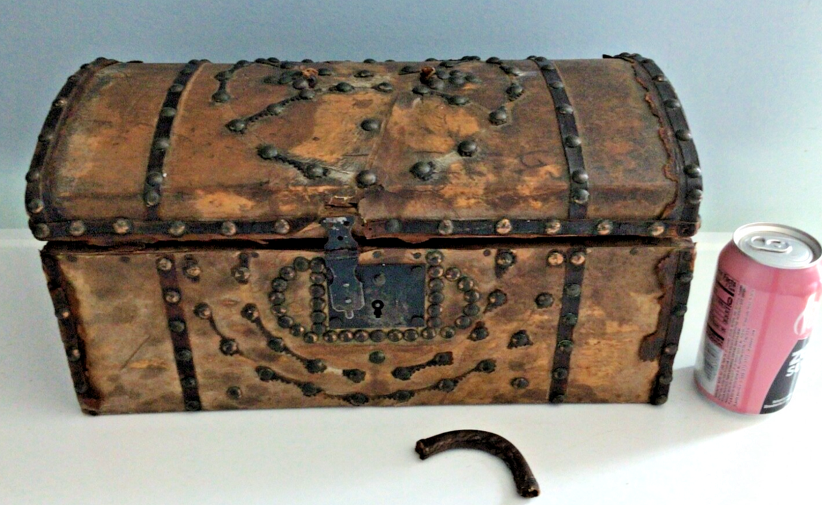 Antique 1800s Hide Covered, Leather, Wood Dome Chest Trunk w