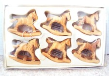 VTG Wooden Rocking Horse Ornaments w Carved Accents Pkg of 6 2 Tall L K