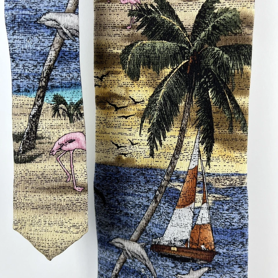 Corbata de seda vintage Tropicals by Tango playa hawaiana flamenco palmera Foto 4 de 4
