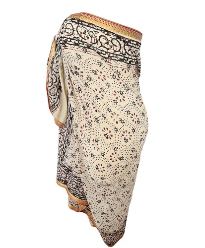 JARI 100% Cotton Voile Hand Block Print Silk Border Plus Size Sarong Cover-Up - Picture 40 of 65