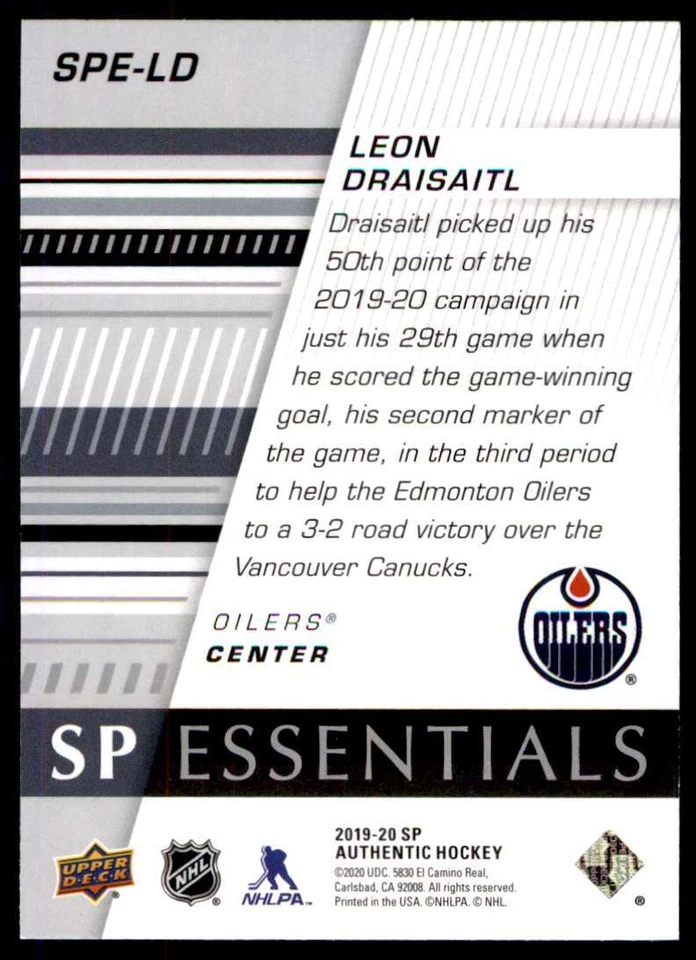 2019-20 SP Authentic SP Essentials Leon Draisaitl #SPE-LD - Image 2 of 2