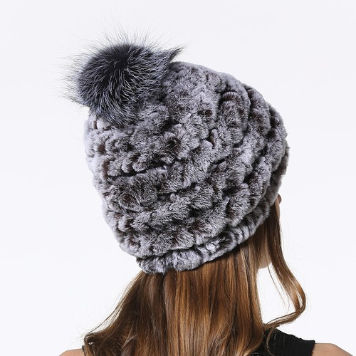 Frauen Echtpelz Pompon Hüte Winter Fellmützen mit Silberfuchs Fellknäuel - Bild 39 von 45