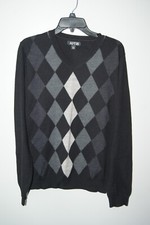 Apt 9 Men  s V-Neck Large Sweater Argyle Black Gray Charcoal Diamond