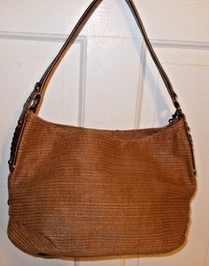 Vintage-FOSSIL-Woven-Brown-Textile-Leather-Curved-Hobo-Shoulder-Bag