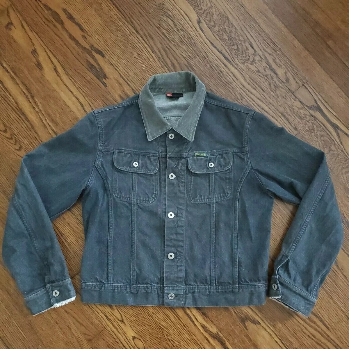 Diesel Gray Denim Trucker Jacket Womens L Jean Grunge Corduroy Long Sleeve  Biker