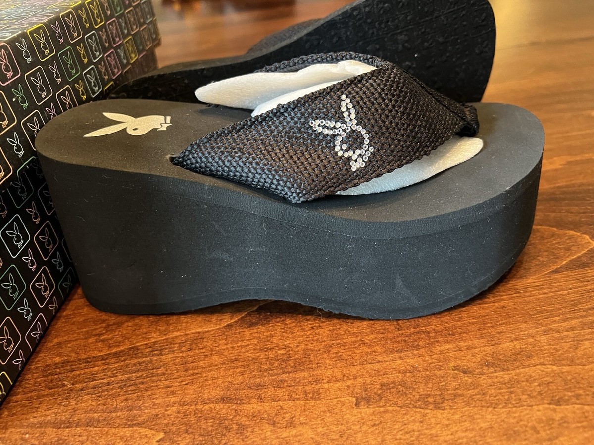 Y2K Playboy Bunny Platform Black Sandals BNIB Womens Sz 6 Rita 