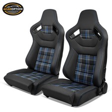 Pair Of Universal Racing Seats Dual Slider Microfiber Leather Blue Plaid Pair Of Universal Racing Seats Dual Slider Microfiber Leather Blue Plaid