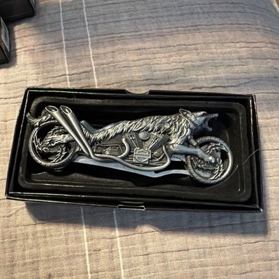 Folding Pocket Knife Wolf Motorcycle Rider -Skull on Side of Bike - Stainless 