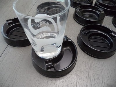 Vintage 9 Black Plastic Coasters with Built in Ashtray Dual Purpose Mid Century
