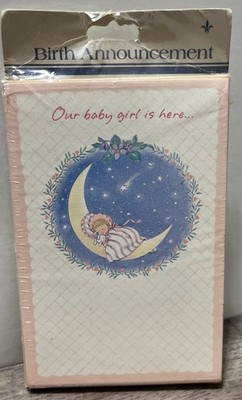 Vintage Baby Girl Birth Announcements & Envelopes 8 Count Sleeping On Moon 4x6
