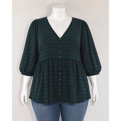 Torrid Green Black Plaid Button Front Babydoll Top Size 3 3X 3/4 Sleeve Boho