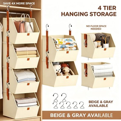 Hanging Closet Organizer 4 Tier Wardrobe Storage Shelves Foldable Beige Gray