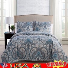 3-Piece Damask Quilt Set Soft Microfiber Bedding Full Queen Shams Hypoallergenic