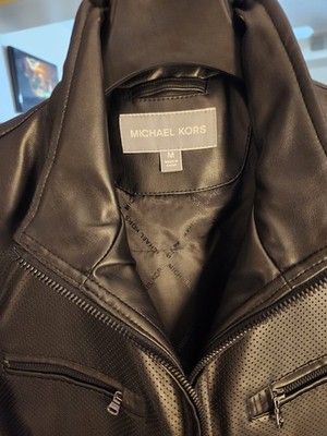 Michael Kors Men s Black Leather Perforated Zip Biker Jacket Lined Size M