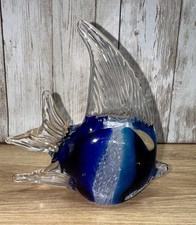 Murano Style Art Glass Blue/White Angel fish Figurine Paperweight, 5 1/2" tall