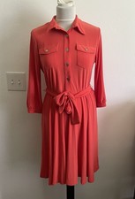 NY Collection Women Shirt Dress M Orange Stretch Career Business Casual A-Line