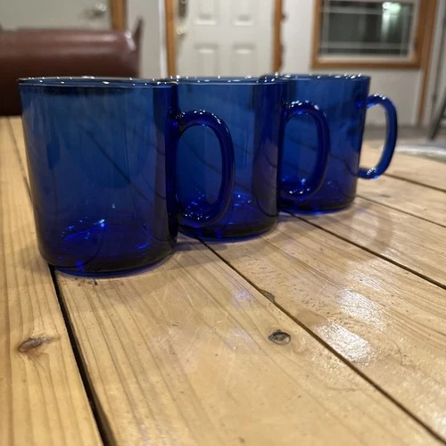 Lot Of 3 Vintage Arcoroc France Cobalt Blue Glass Coffee Mugs