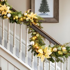 6FT Prelit Christmas Garland, Multi-Color Lights, Gold, with Balls  Flowers