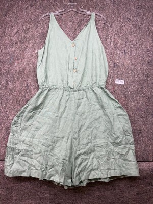 Magic Linen Rompers Jumpsuit Short Elastic Waist Sleeveless Green Size XL