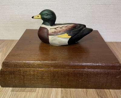 Vintage 1980s Ceramic Mallard Duck Wooden Box Playing Card Rustic Cabin Hunter