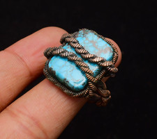 Turquoise Gemstone Copper Wire Wrapped Handmade Jewelry Ring Size 9.5