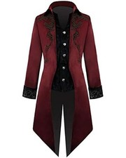 Burgundy Velvet Gothic Tailcoat with Black Embroidery Asymmetrical Hem Desig