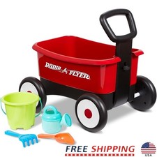 2 in 1 Toddler Wagon Push Walker Garden Tools Baby Toy Storage Rolling Cart Red