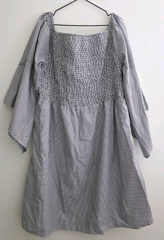 Cocoon Plus Size 2X 3/4 Bell Sleeve Striped Smocked Square Neck Blouse