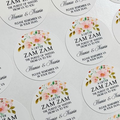 24 Personalised round Zam Zam Water stickers thank you, Favour, Party