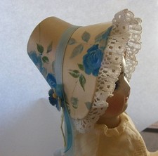 Vintage Doll Bonnet Satin w Lace, Flowers, Ribbon Hard Shell Floral