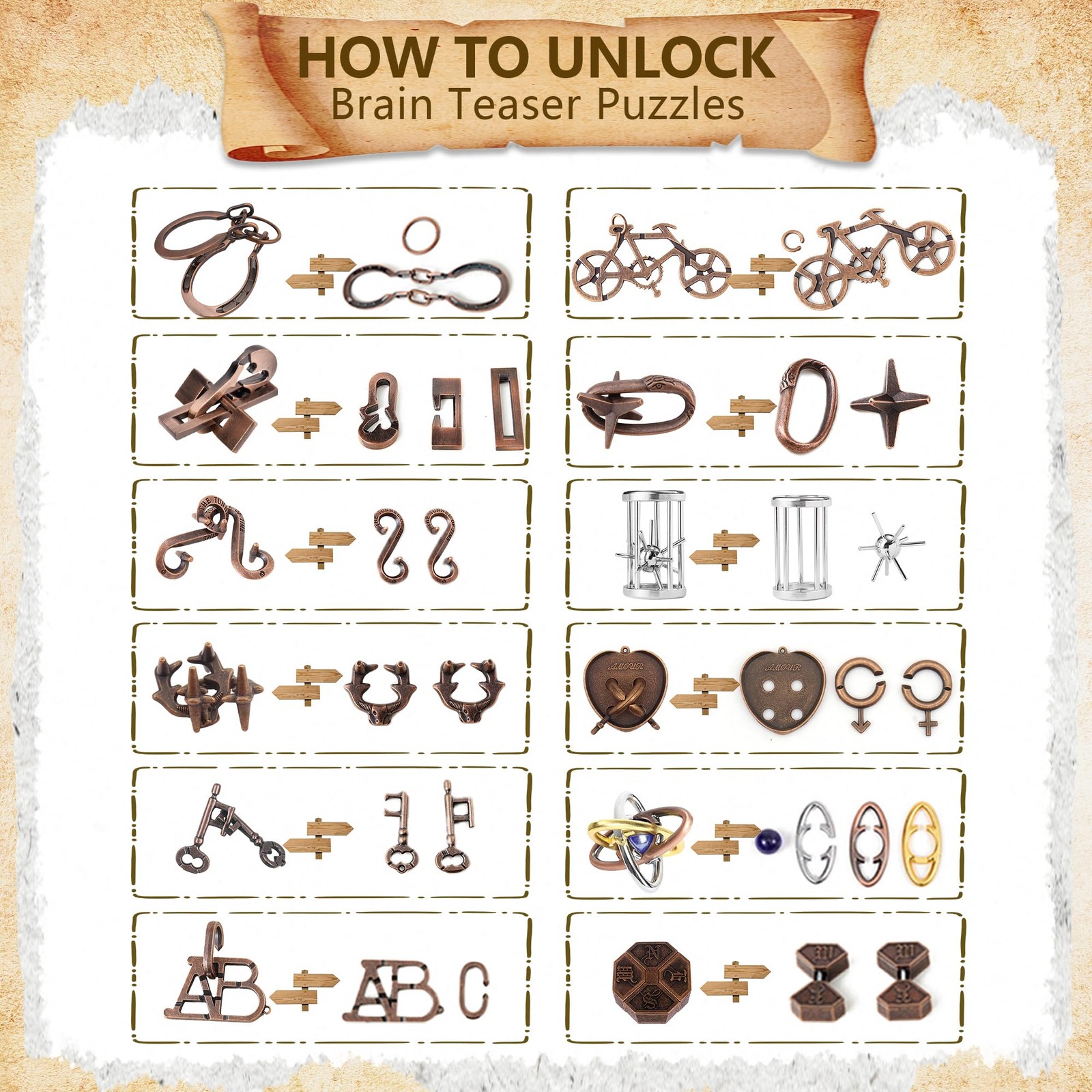 12Pcs Brain Teaser Puzzles for Adults and Teens, 3D Metal Puzzle Set with Var...