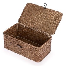 Wicker Shelf Basket, Handwoven Seagrass Storage Bin with Lid, Brown