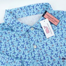 NEW Vineyard Vines Sailing Performance Polo Shirt Mens Large Blue Island Print