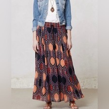 MAEVE ANTHROPOLOGIE HEX PRINT ORANGE BLACK PURPLE ELASTIC WAIST MAXI SKIRT SZ XS