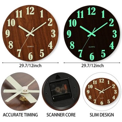 12 Inch Luminous Wooden Wall Clock Silent Non Ticking Night Light Nordic Style W