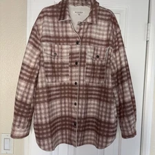 Workshop Womens Medium Plaid Brown and White Snap Button Jacket 