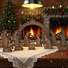 Indoor Christmas Nativity Set 12pcs Wooden Manger Rustic Mini Figurines