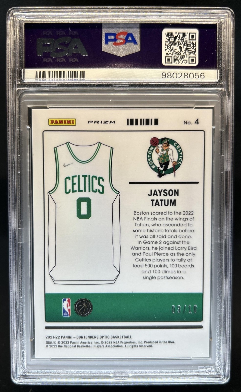 2021-22 Panini Contenders Optic Jayson Tatum Uniformity Gold #/10 Celtics PSA 9 view 2
