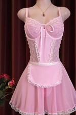 Sissy 4pc Pink Maid Chiffon Lace  Thong,Apron,Dress,Garter 4XL BDSM