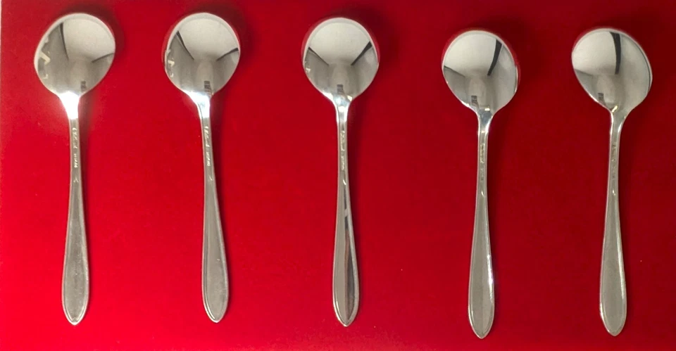 Juego de 5 cucharas sopera crema National Silver CO. Overture 1936 plata esterlina Foto 2 de 3