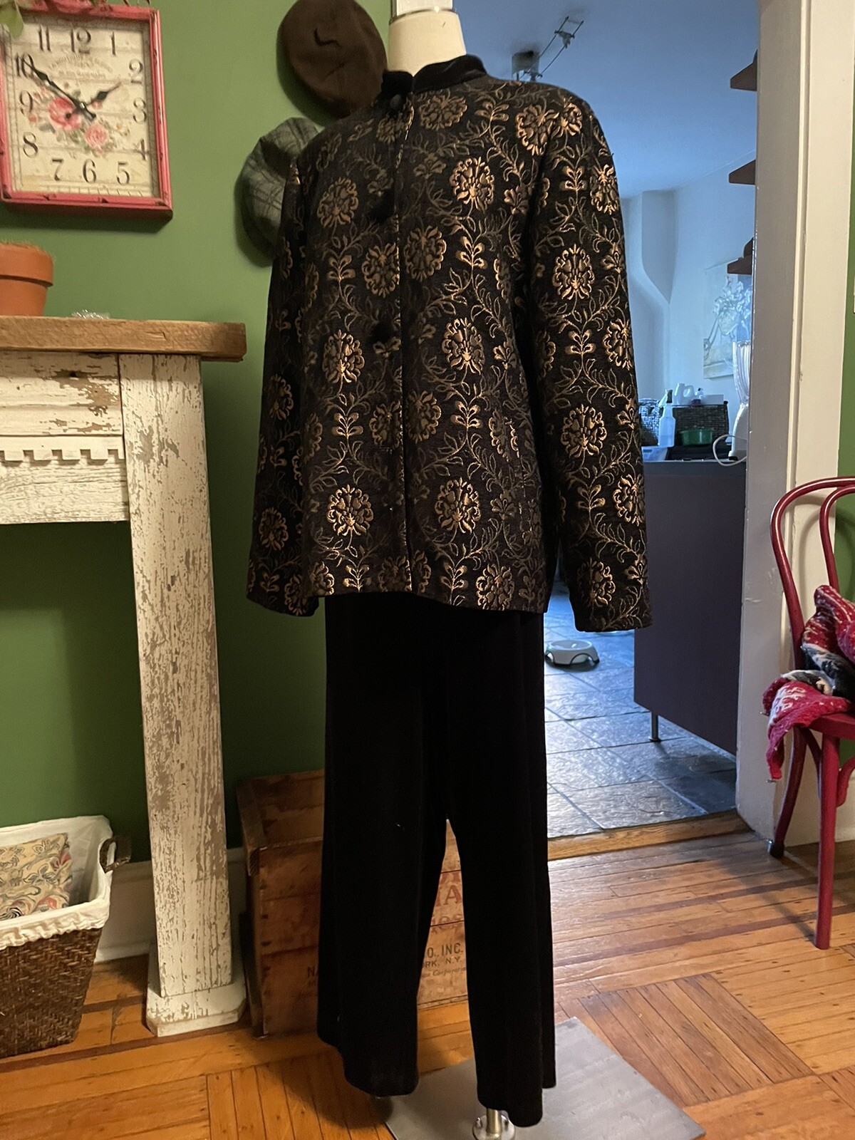 Vtg Laura Ashley Brocade & Velvet Pants Hostess Set XL 48 Chest  Rayon Blk Gold