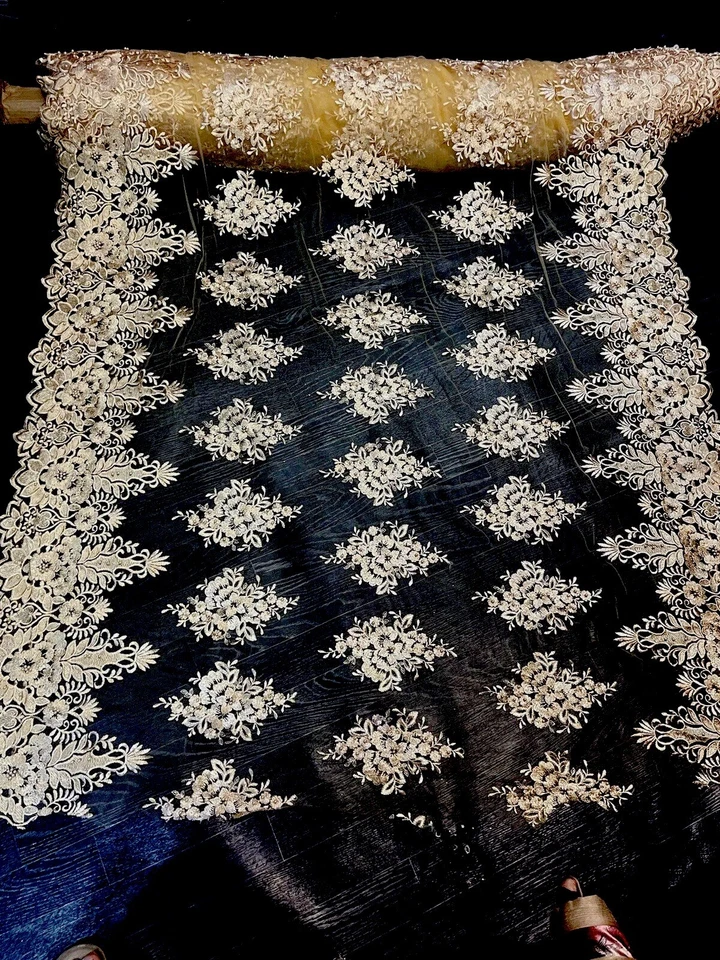 1.5 Meters Gold   Embroided  Double Boarded Scalloped Bridal lace Fabric 55” new - Image 2 of 4