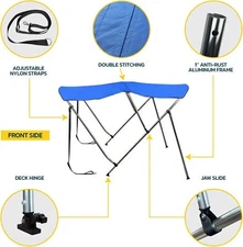 BIMINI TOP 3 Bow Boat Cover 54"-60" Wide 6ft Long W/Rear Poles & All Accessories