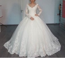 Elegant Wedding Dress V Neck Long Sleeves Lace Applique A Line Bridal Gown Train