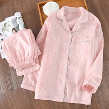 Womens Long Sleeve Pyjama Set 100 Gauze Cotton Printing PJ'S Sleepwear