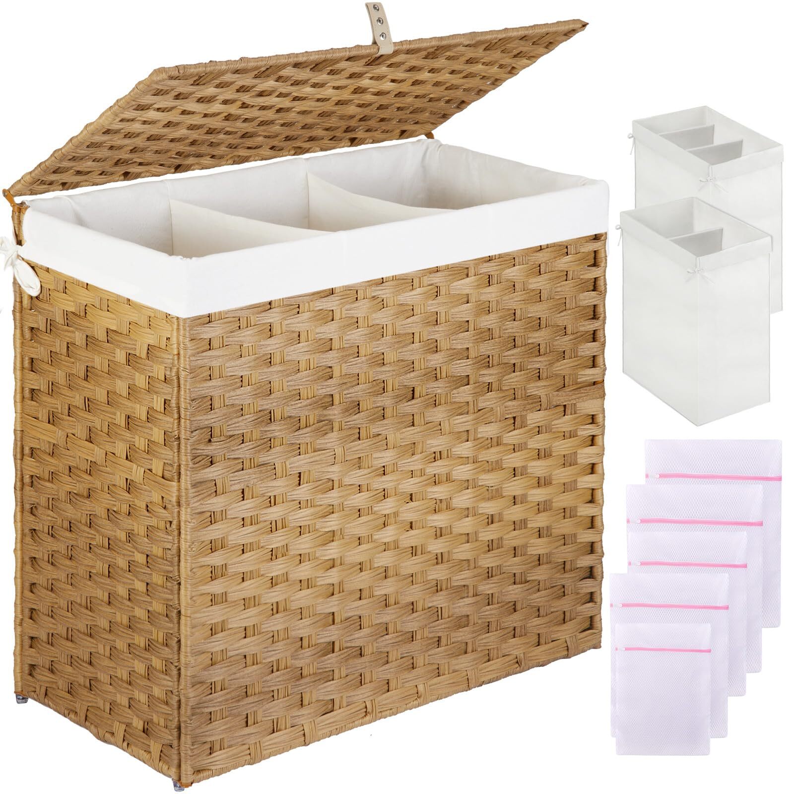 125L Laundry Hamper with Lid, 3 & 2 Section Large Clothes Organizer-image