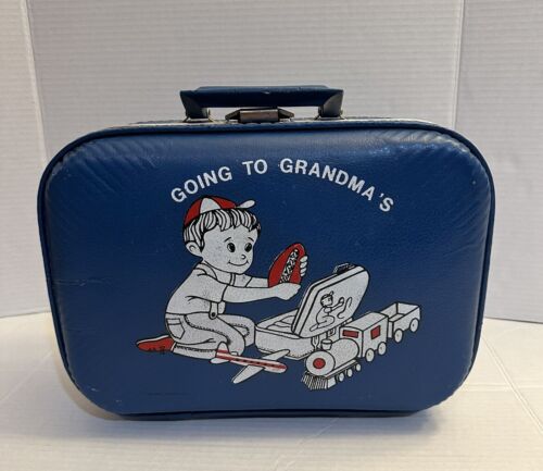 Vintage Blue Hard Shell Suitcase “Going to Grandma's” Plane Football Train Boy - Picture 1 of 20