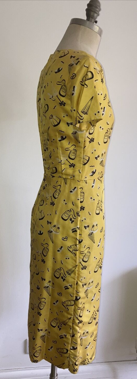 Vintage 1950s Yellow Silk Character Print Lined Tea Dress, 17.5" pit to pit 8